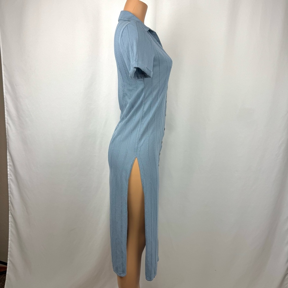 SkyLar Rose Dust Blue Maxi Buttoned Tunic Dress /Duster High Cut Side Slits Sz S - Picture 2 of 13